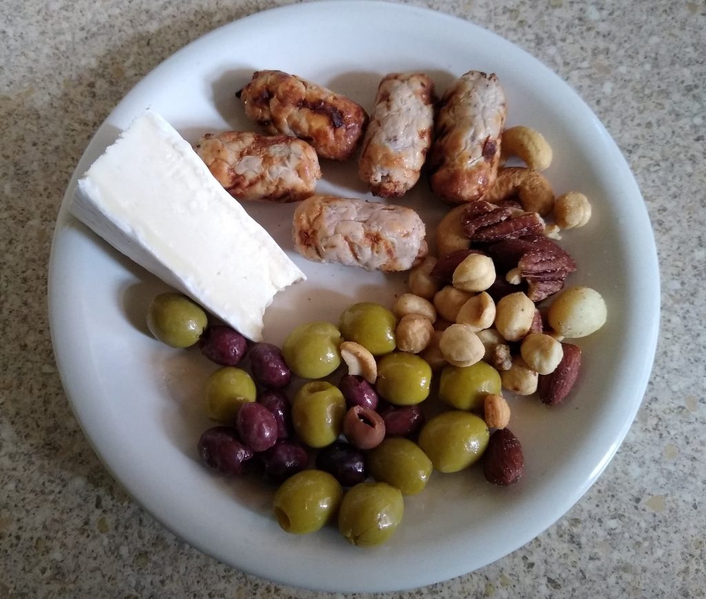 Little Joys: low carb lunch of brie, cocktail sausages, nuts and olives
