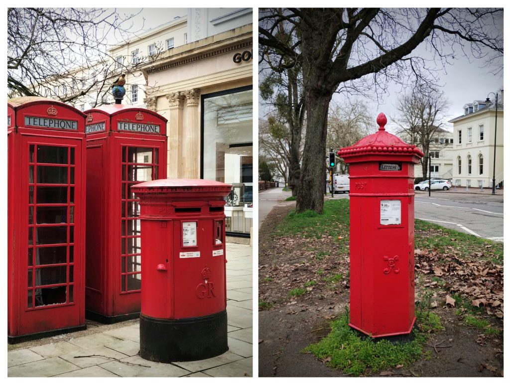 Photo: historic postboxes and telephone boxes.