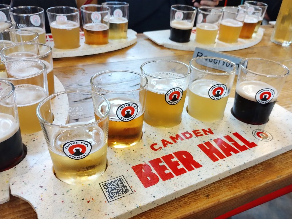 Flight of beers at Camden beer hall.